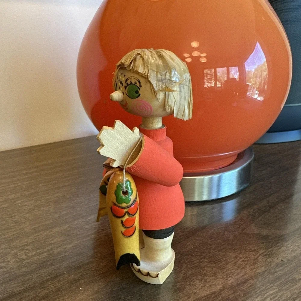 Vintage Russian‎ Beriozka Folk Art Carved Wooden Figurines Boy With Fish USSR